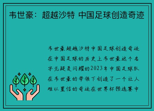 韦世豪：超越沙特 中国足球创造奇迹